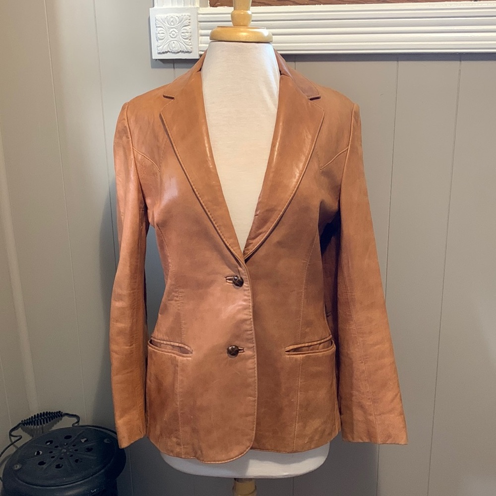 Buttery soft camel colored leather coat